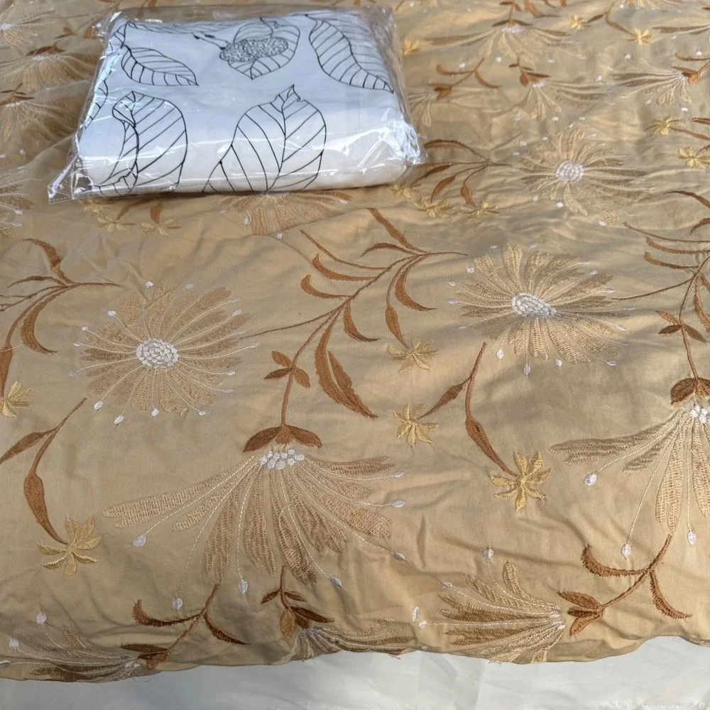 Vintage Duvet Cover Queen Ocre Beige Boho Yellow Floral Embroidered Vintage 2004
